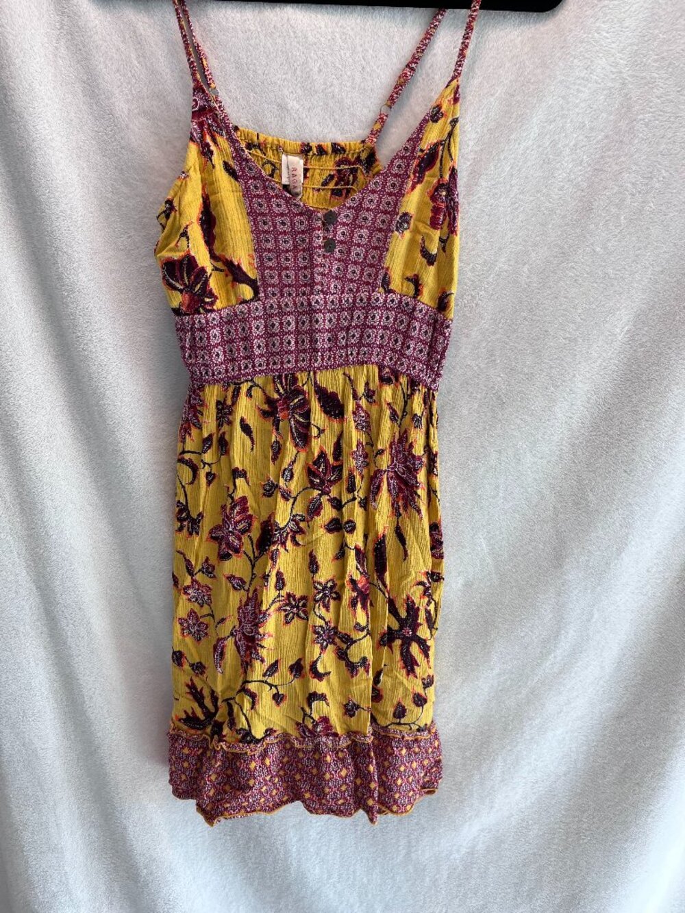 Raga Mustard Floral Mixed Print Smocked Mini Dress Size M